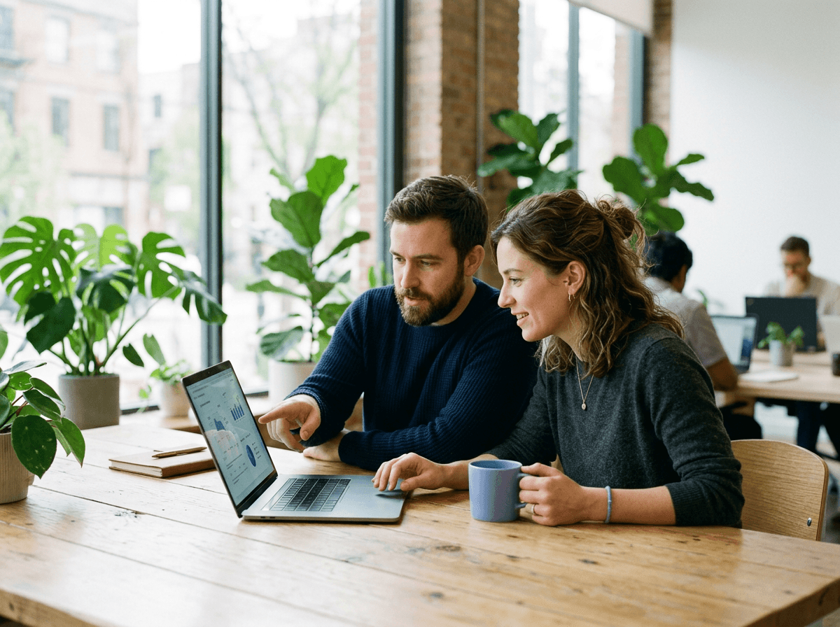 Two founders reviewing investor matches on a laptop